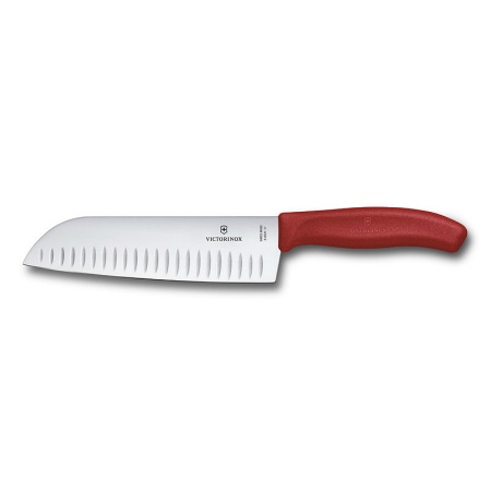 Нож VICTORINOX Santoku, лезвие 17 см рифленое, красный (подарочная упаковка)