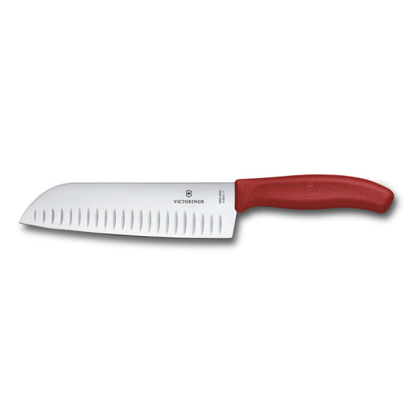 Нож VICTORINOX Santoku, лезвие 17 см рифленое, красный (подарочная упаковка)
