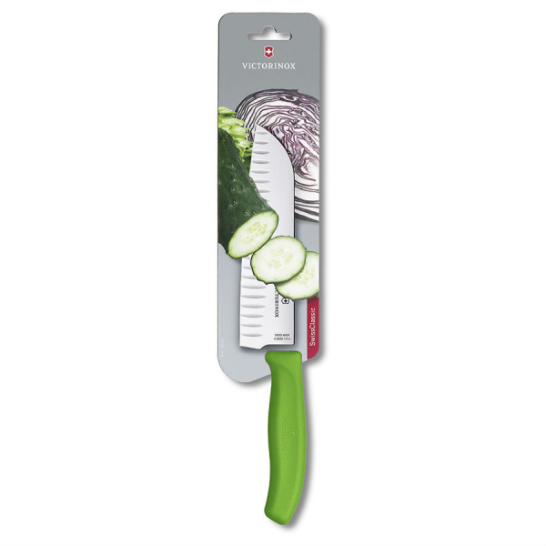Нож VICTORINOX Santoku, лезвие 17 см рифленое, розовый, в картонном блистере