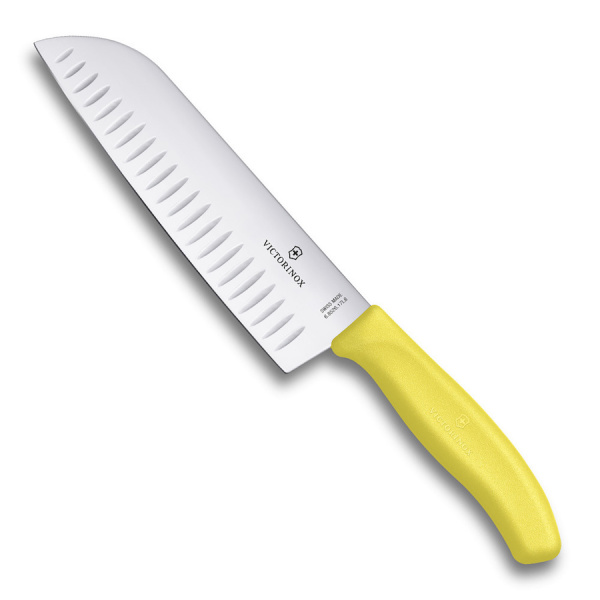 Нож VICTORINOX Santoku, лезвие 17 см рифленое, желтый, в картонном блистере