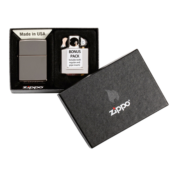 Подарочный набор Zippo: ветроустойчивая зажигалка Black Ice + вставной блок для зажигалок для трубок