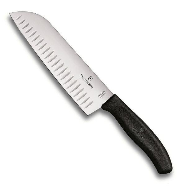 Нож VICTORINOX Santoku, лезвие 17 см рифленое, черный, в картонном блистере