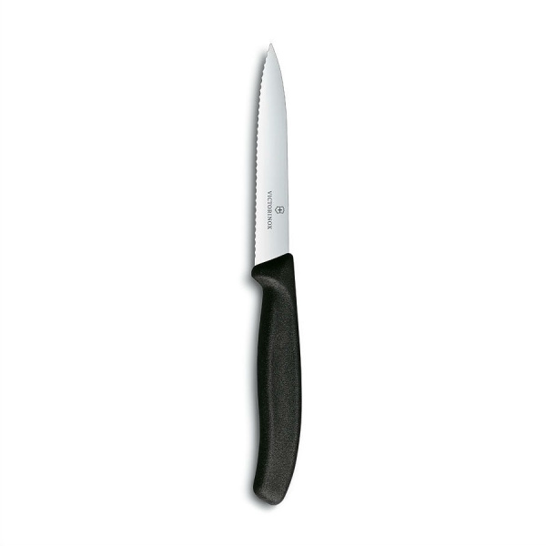 Нож Victorinox для очистки овощей, лезвие 10 см волнистое, черный
