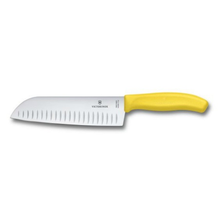 Нож VICTORINOX Santoku, лезвие 17 см рифленое, желтый, в картонном блистере