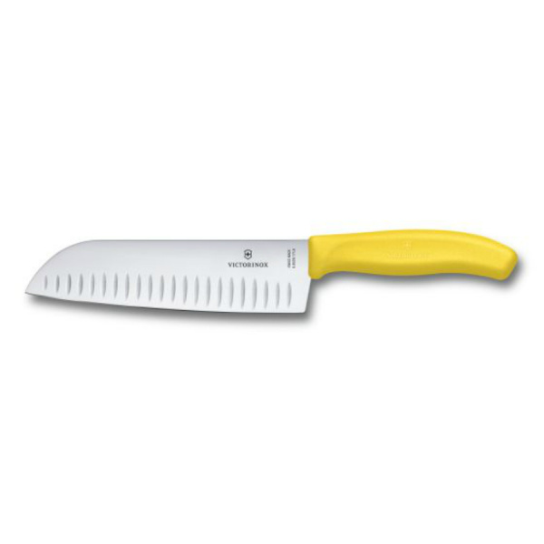 Нож VICTORINOX Santoku, лезвие 17 см рифленое, желтый, в картонном блистере