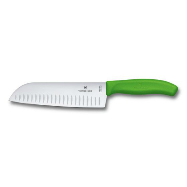 Нож VICTORINOX Santoku, лезвие 17 см рифленое, зеленый, в картонном блистере