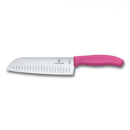 Нож VICTORINOX Santoku, лезвие 17 см рифленое, розовый, в картонном блистере