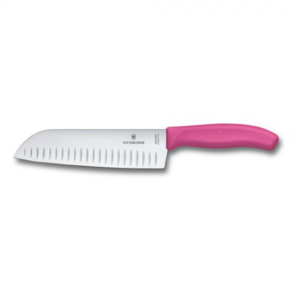 Нож VICTORINOX Santoku, лезвие 17 см рифленое, розовый, в картонном блистере