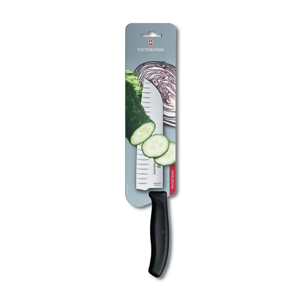 Нож VICTORINOX Santoku, лезвие 17 см рифленое, черный, в картонном блистере