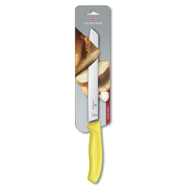 Нож Victorinox для хлеба, лезвие 21 см волнистое, желтый, в блистере
