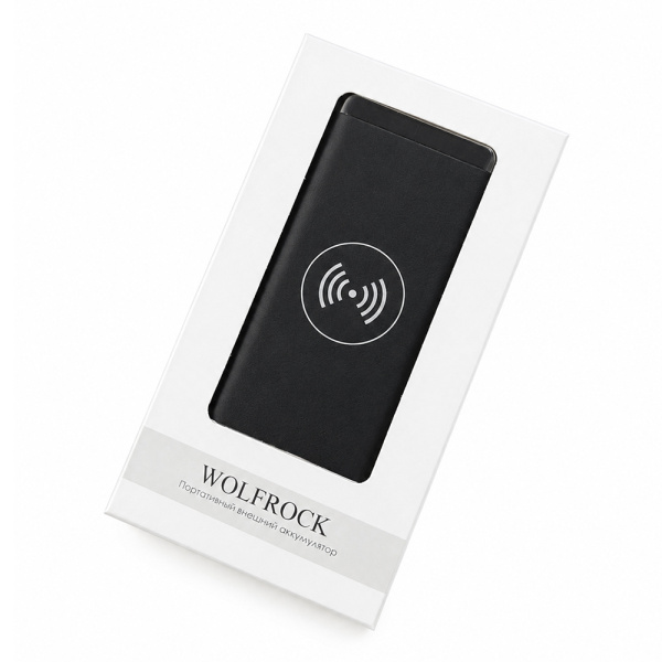 Внешний аккумулятор Wolfrock с беспроводной зарядкой soft-touch покрытием, 10000 mAh, черный