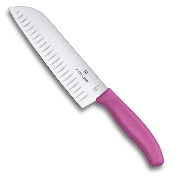 Нож VICTORINOX Santoku, лезвие 17 см рифленое, розовый, в картонном блистере