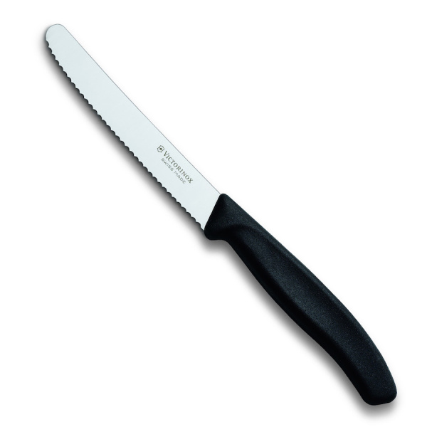 Нож VICTORINOX для томатов и сосисок, лезвие 11 см волнистое, черный