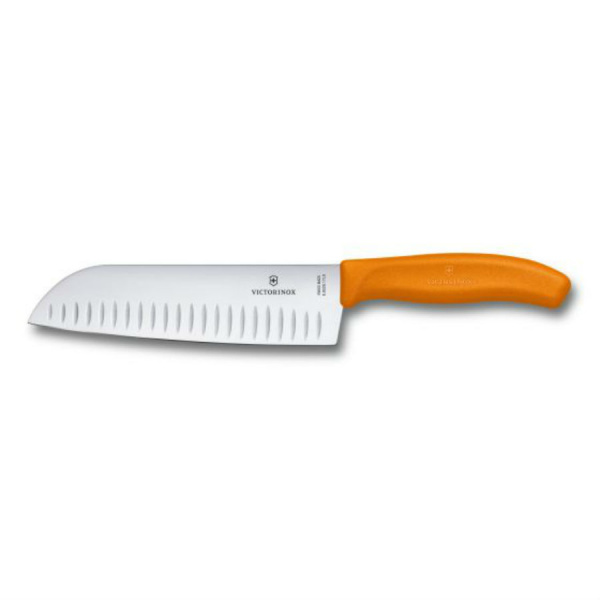 Нож VICTORINOX Santoku, лезвие 17 см рифленое, оранжевый, в картонном блистере