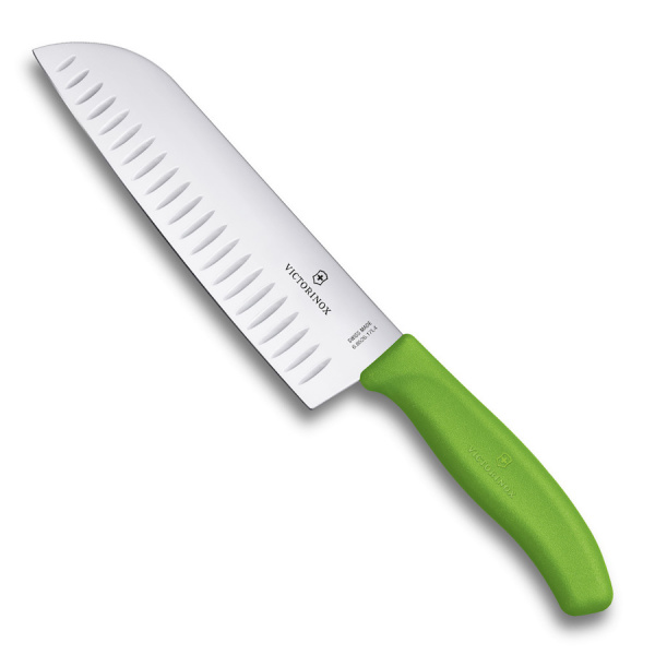 Нож VICTORINOX Santoku, лезвие 17 см рифленое, зеленый, в картонном блистере