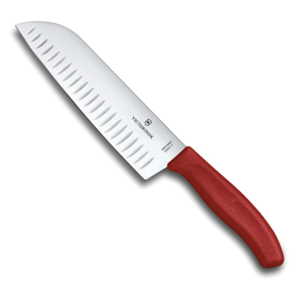 Нож VICTORINOX Santoku, лезвие 17 см рифленое, красный (подарочная упаковка)